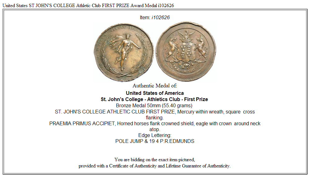 United States ST JOHN'S COLLEGE Athletic Club FIRST PRIZE Award Medal i102626