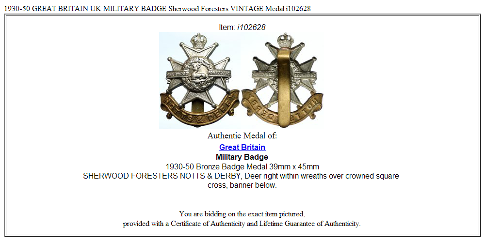 1930-50 GREAT BRITAIN UK MILITARY BADGE Sherwood Foresters VINTAGE Medal i102628