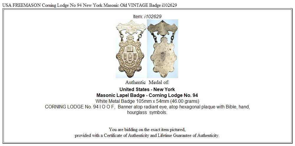 USA FREEMASON Corning Lodge No 94 New York Masonic Old VINTAGE Badge i102629