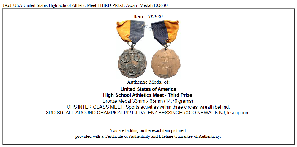 1921 USA United States High School Athletic Meet THIRD PRIZE Award Medal i102630