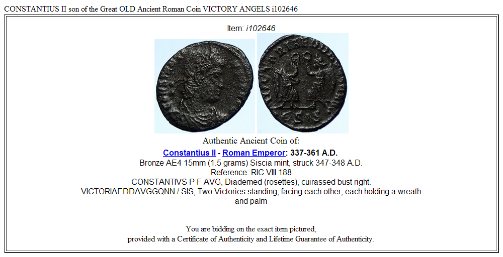 CONSTANTIUS II son of the Great OLD Ancient Roman Coin VICTORY ANGELS i102646