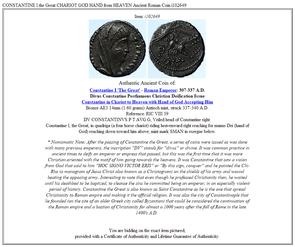 CONSTANTINE I the Great CHARIOT GOD HAND from HEAVEN Ancient Roman Coin i102649