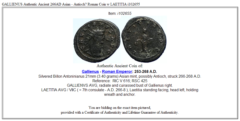 GALLIENUS Authentic Ancient 266AD Asian - Antioch? Roman Coin w LAETITIA i102655