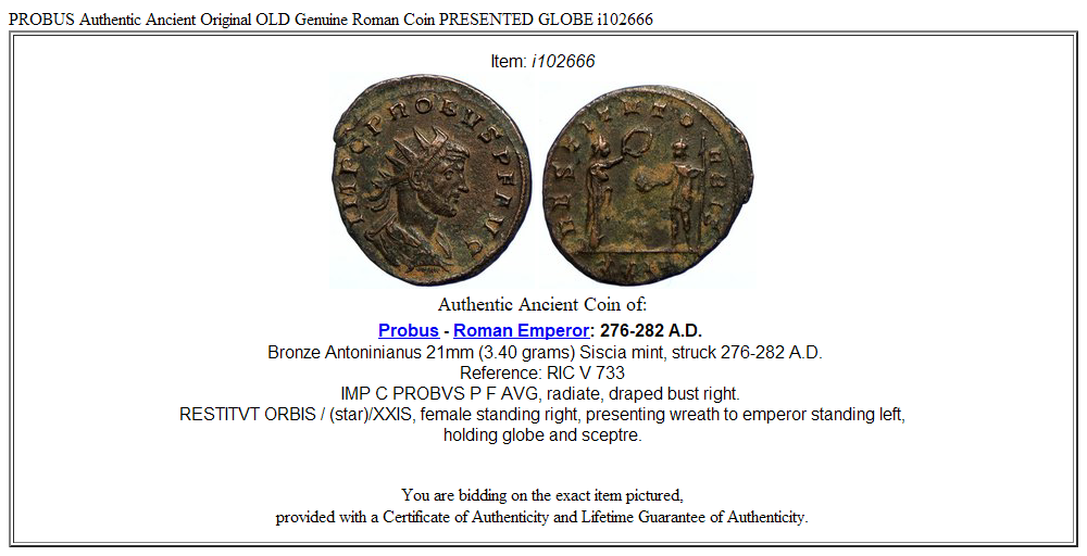 PROBUS Authentic Ancient Original OLD Genuine Roman Coin PRESENTED GLOBE i102666