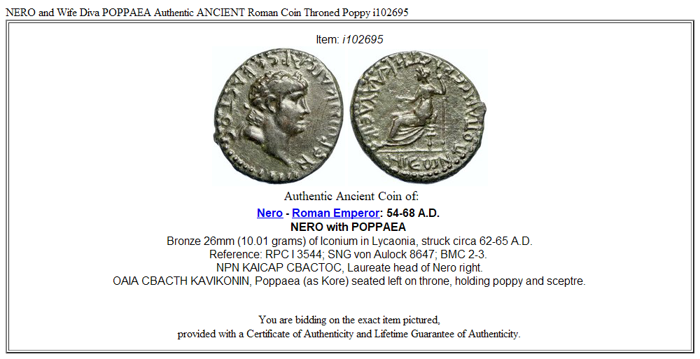 NERO and Wife Diva POPPAEA Authentic ANCIENT Roman Coin Throned Poppy i102695