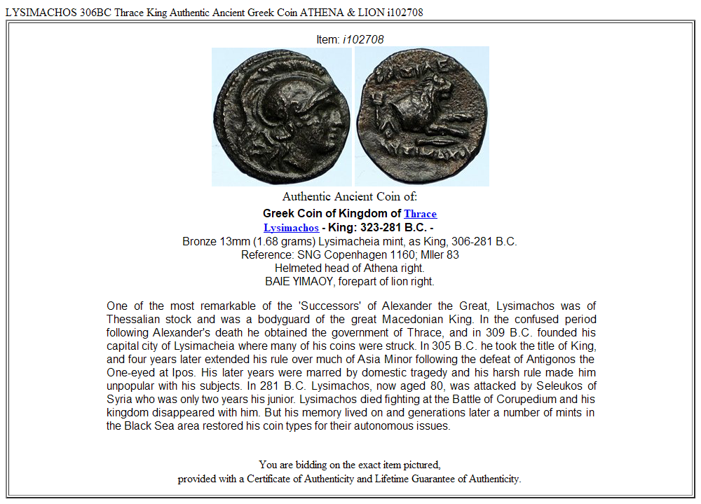 LYSIMACHOS 306BC Thrace King Authentic Ancient Greek Coin ATHENA & LION i102708