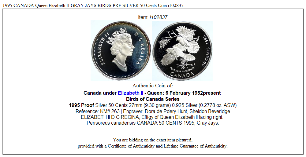 1995 CANADA Queen Elizabeth II GRAY JAYS BIRDS PRF SILVER 50 Cents Coin i102837