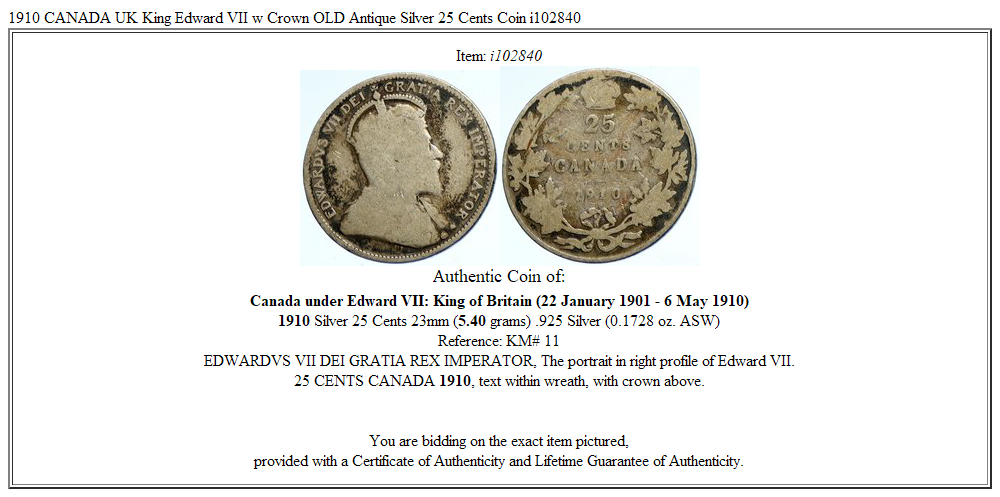 1910 CANADA UK King Edward VII w Crown OLD Antique Silver 25 Cents Coin i102840