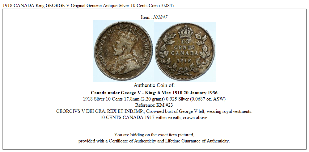 1918 CANADA King GEORGE V Original Genuine Antique Silver 10 Cents Coin i102847