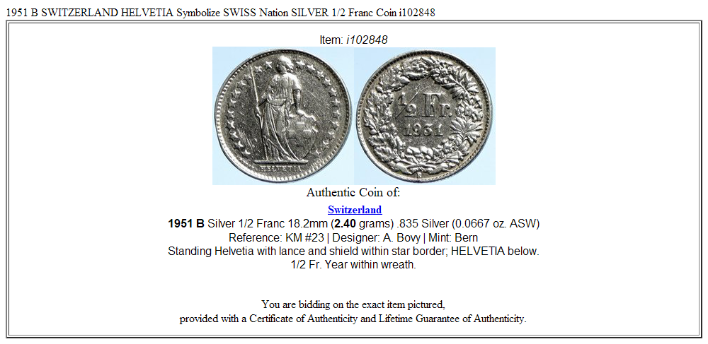 1951 B SWITZERLAND HELVETIA Symbolize SWISS Nation SILVER 1/2 Franc Coin i102848