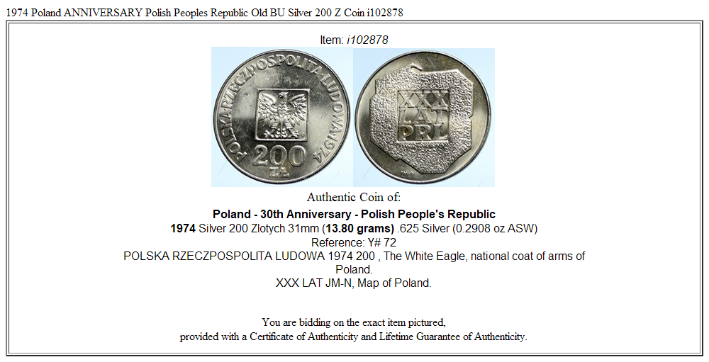 1974 Poland ANNIVERSARY Polish Peoples Republic Old BU Silver 200 Z Coin i102878