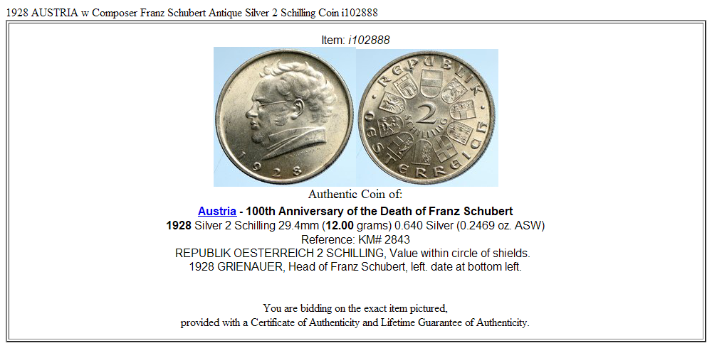 1928 AUSTRIA w Composer Franz Schubert Antique Silver 2 Schilling Coin i102888