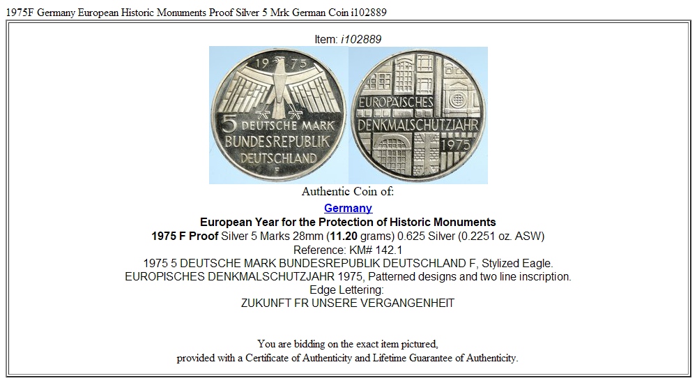 1975F Germany European Historic Monuments Proof Silver 5 Mrk German Coin i102889