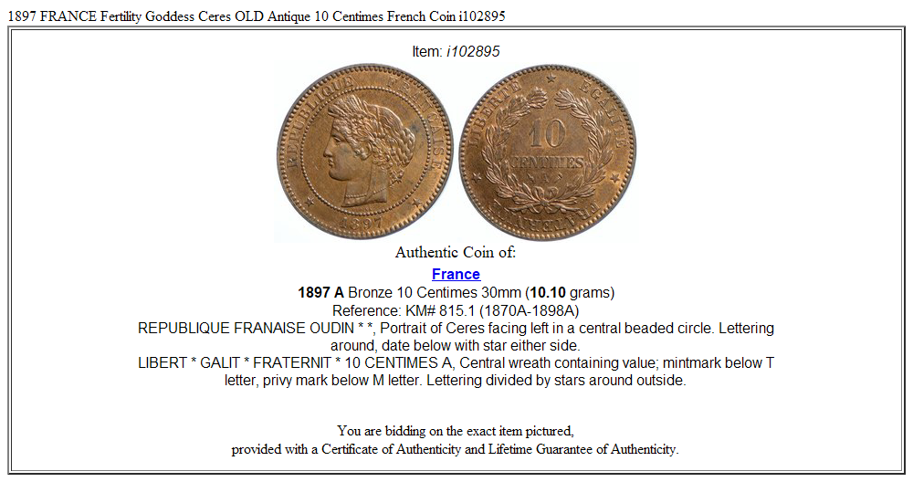 1897 FRANCE Fertility Goddess Ceres OLD Antique 10 Centimes French Coin i102895