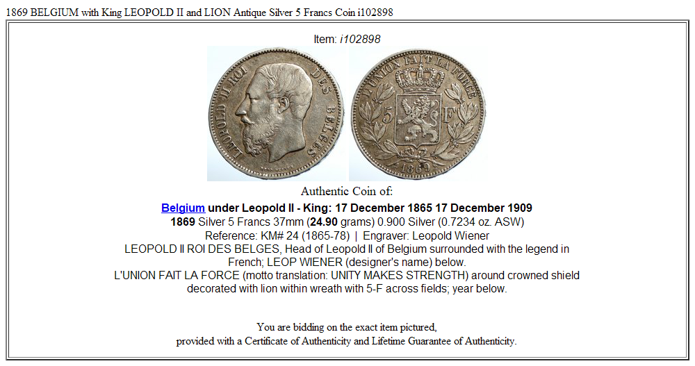 1869 BELGIUM with King LEOPOLD II and LION Antique Silver 5 Francs Coin i102898