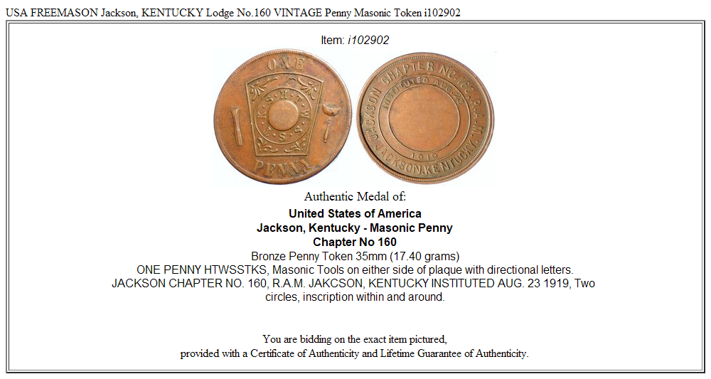 USA FREEMASON Jackson, KENTUCKY Lodge No.160 VINTAGE Penny Masonic Token i102902