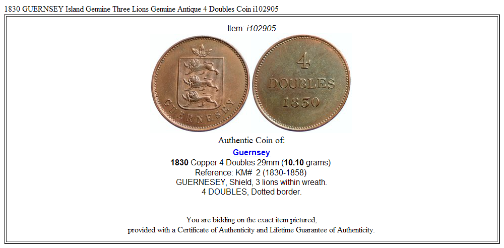 1830 GUERNSEY Island Genuine Three Lions Genuine Antique 4 Doubles Coin i102905