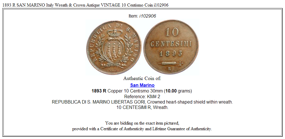 1893 R SAN MARINO Italy Wreath & Crown Antique VINTAGE 10 Centismo Coin i102906