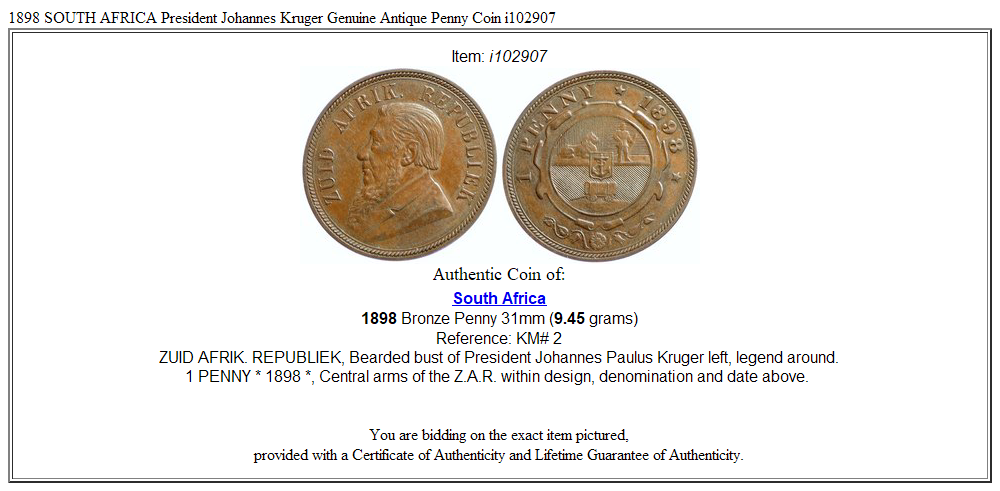 1898 SOUTH AFRICA President Johannes Kruger Genuine Antique Penny Coin i102907