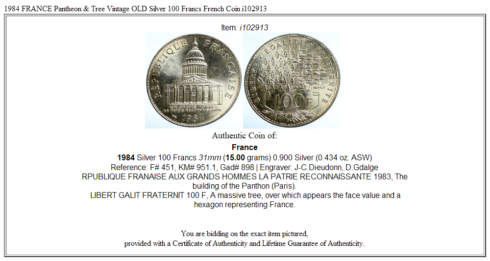 1984 FRANCE Pantheon & Tree Vintage OLD Silver 100 Francs French Coin i102913