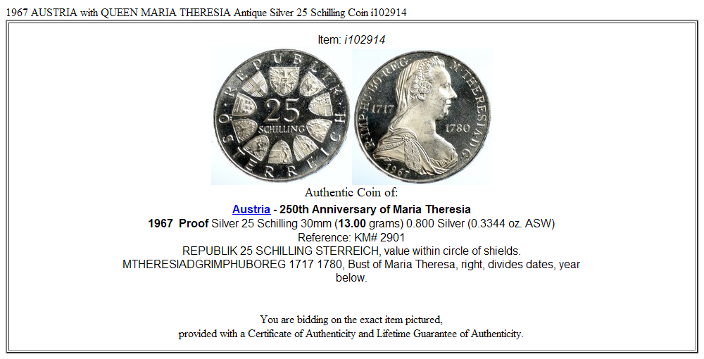 1967 AUSTRIA with QUEEN MARIA THERESIA Antique Silver 25 Schilling Coin i102914