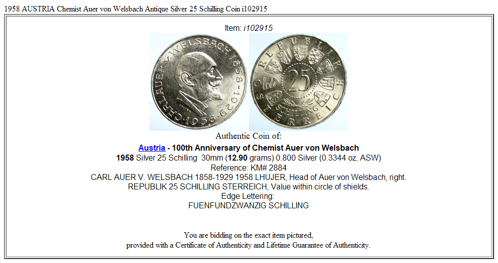 1958 AUSTRIA Chemist Auer von Welsbach Antique Silver 25 Schilling Coin i102915