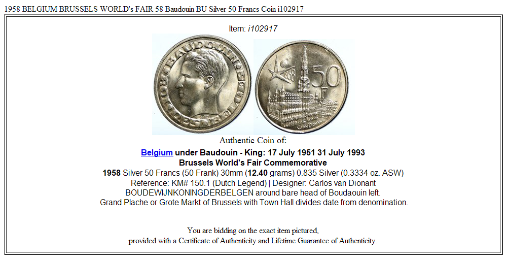 1958 BELGIUM BRUSSELS WORLD's FAIR 58 Baudouin BU Silver 50 Francs Coin i102917