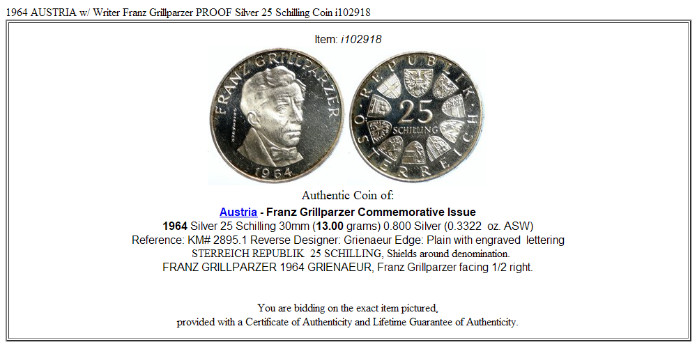 1964 AUSTRIA w/ Writer Franz Grillparzer PROOF Silver 25 Schilling Coin i102918