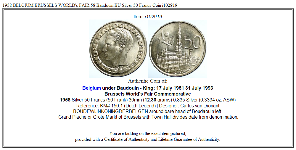 1958 BELGIUM BRUSSELS WORLD's FAIR 58 Baudouin BU Silver 50 Francs Coin i102919