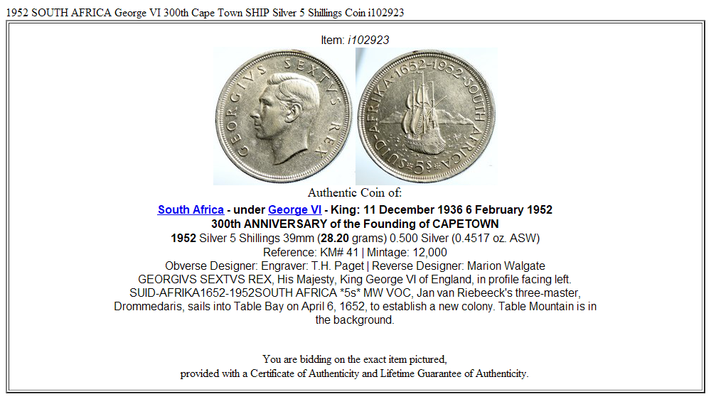 1952 SOUTH AFRICA George VI 300th Cape Town SHIP Silver 5 Shillings Coin i102923