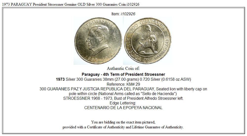 1973 PARAGUAY President Stroessner Genuine OLD Silver 300 Guaranies Coin i102926