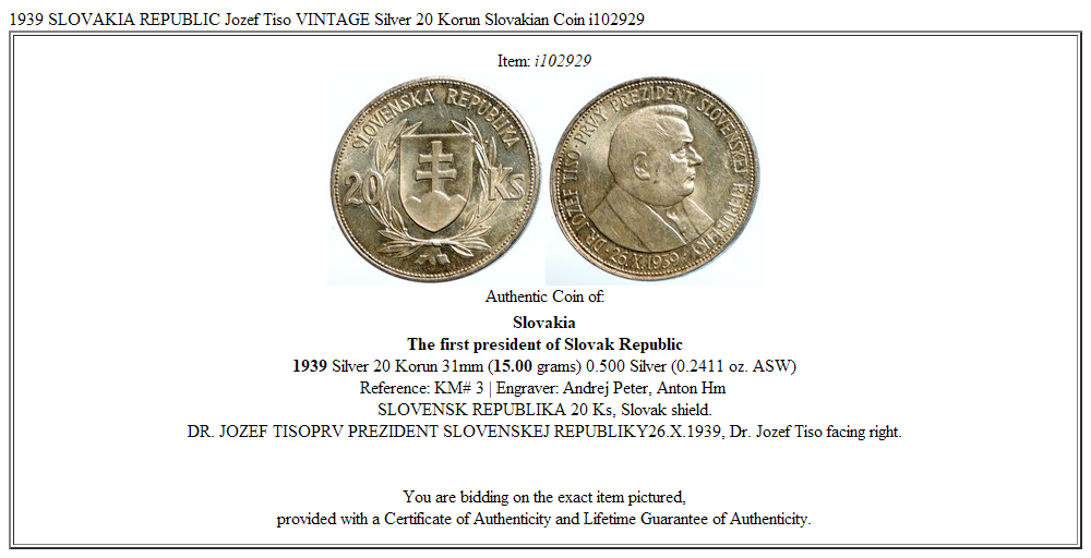 1939 SLOVAKIA REPUBLIC Jozef Tiso VINTAGE Silver 20 Korun Slovakian Coin i102929