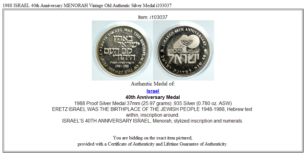 1988 ISRAEL 40th Anniversary MENORAH Vintage Old Authentic Silver Medal i103037