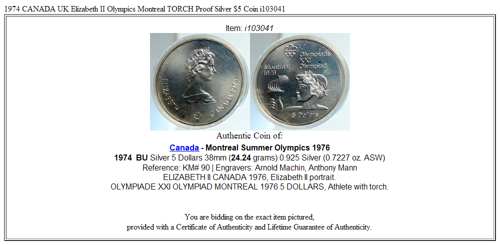 1974 CANADA UK Elizabeth II Olympics Montreal TORCH Proof Silver $5 Coin i103041