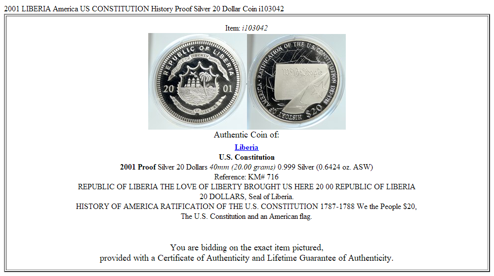 2001 LIBERIA America US CONSTITUTION History Proof Silver 20 Dollar Coin i103042