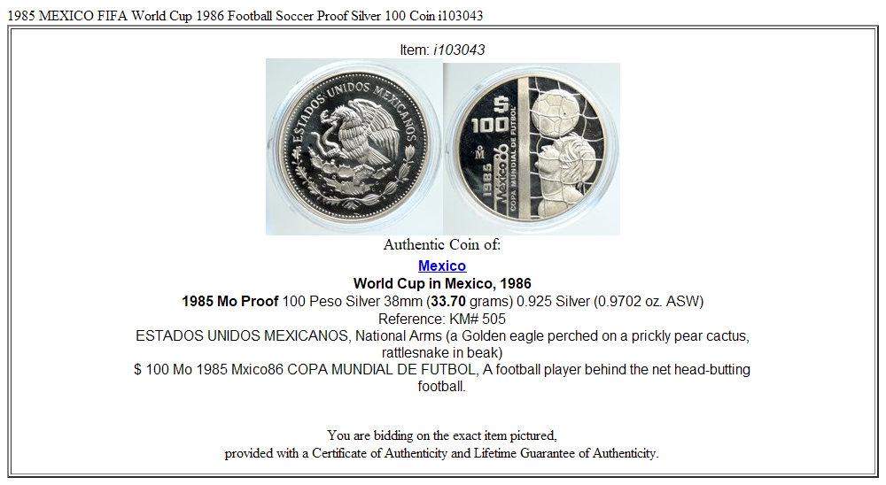 1985 MEXICO FIFA World Cup 1986 Football Soccer Proof Silver 100 Coin i103043