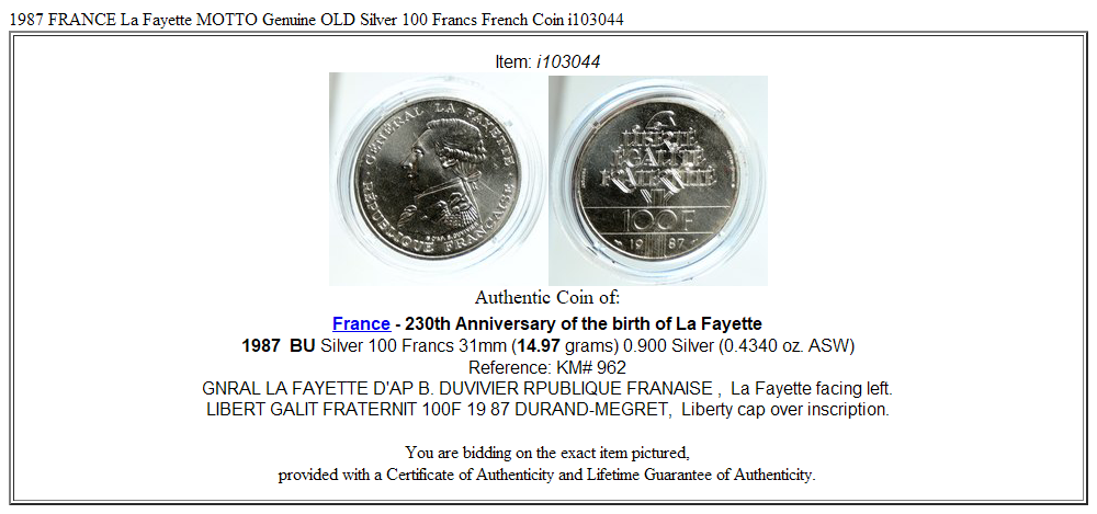 1987 FRANCE La Fayette MOTTO Genuine OLD Silver 100 Francs French Coin i103044