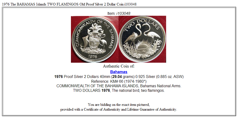 1976 The BAHAMAS Islands TWO FLAMINGOS Old Proof Silver 2 Dollar Coin i103048