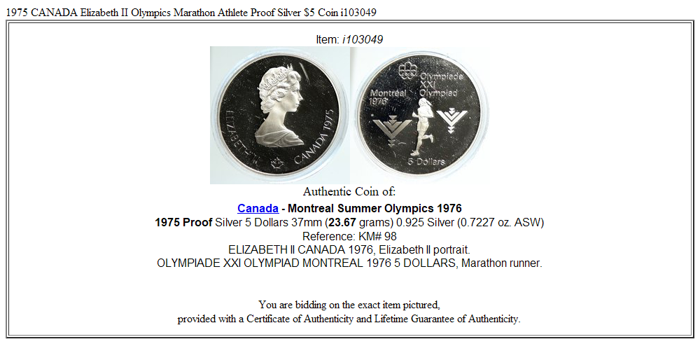 1975 CANADA Elizabeth II Olympics Marathon Athlete Proof Silver $5 Coin i103049