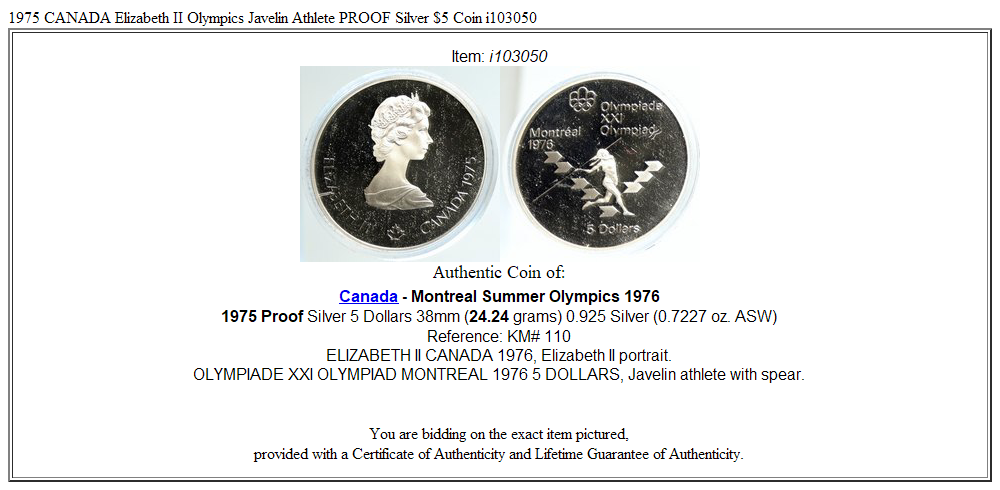 1975 CANADA Elizabeth II Olympics Javelin Athlete PROOF Silver $5 Coin i103050