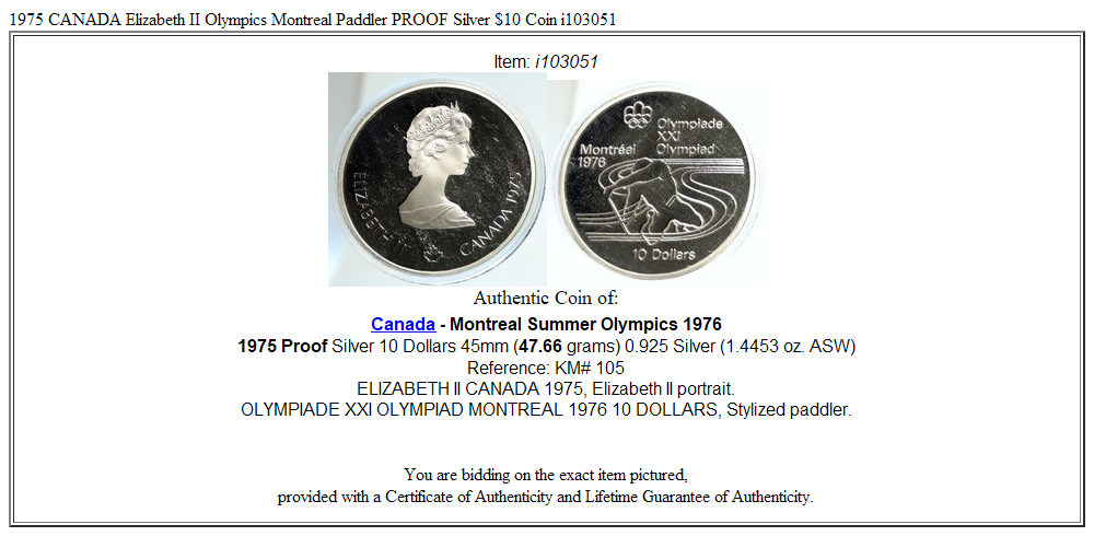 1975 CANADA Elizabeth II Olympics Montreal Paddler PROOF Silver $10 Coin i103051