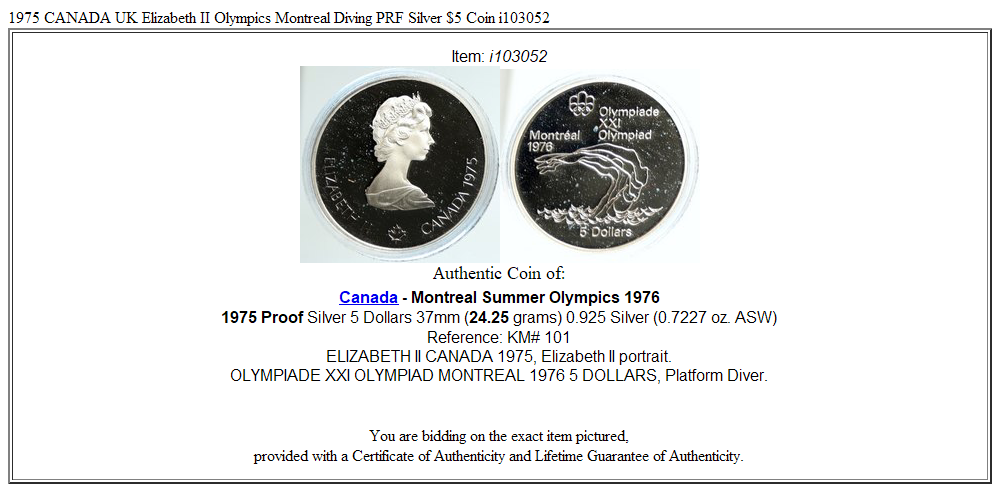 1975 CANADA UK Elizabeth II Olympics Montreal Diving PRF Silver $5 Coin i103052