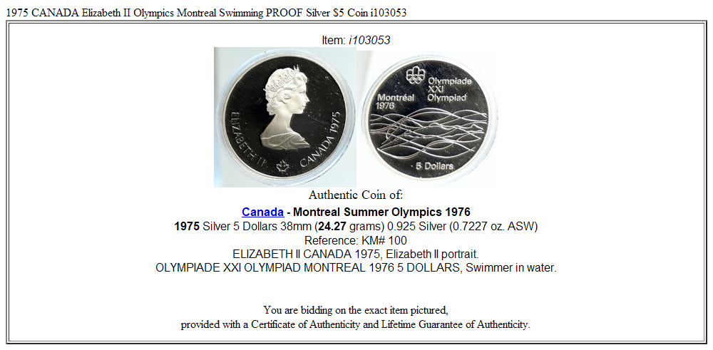 1975 CANADA Elizabeth II Olympics Montreal Swimming PROOF Silver $5 Coin i103053