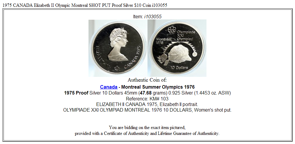 1975 CANADA Elizabeth II Olympic Montreal SHOT PUT Proof Silver $10 Coin i103055