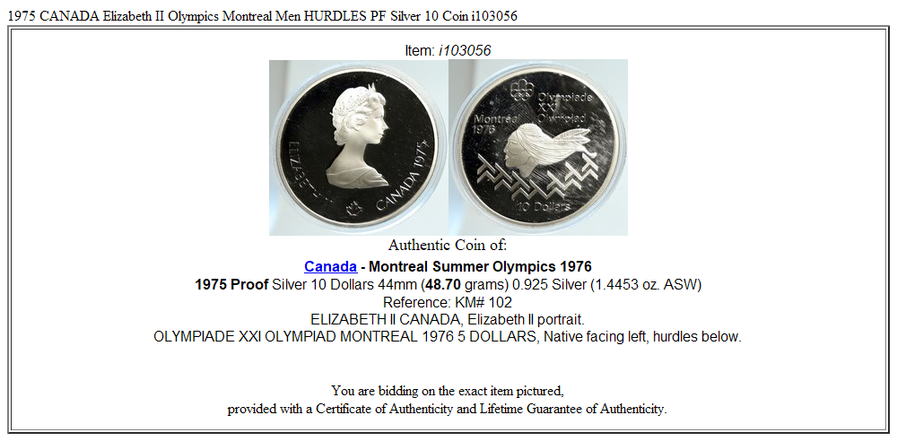 1975 CANADA Elizabeth II Olympics Montreal Men HURDLES PF Silver 10 Coin i103056