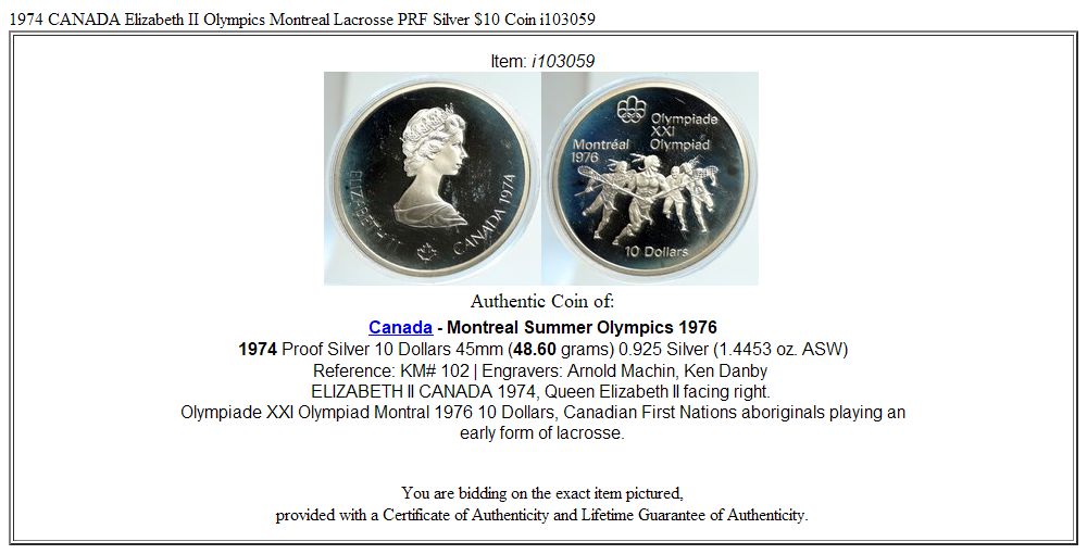 1974 CANADA Elizabeth II Olympics Montreal Lacrosse PRF Silver $10 Coin i103059