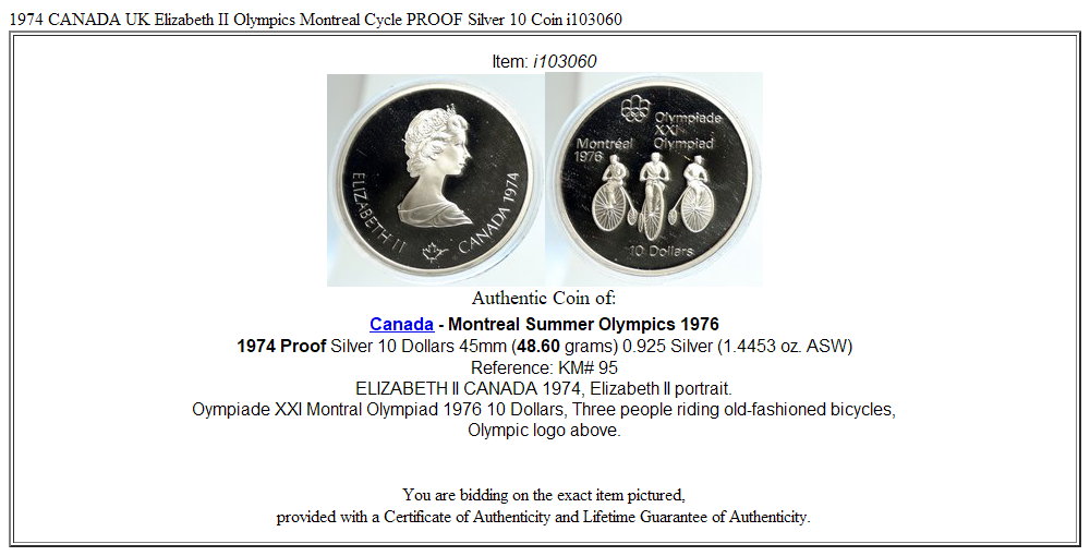 1974 CANADA UK Elizabeth II Olympics Montreal Cycle PROOF Silver 10 Coin i103060