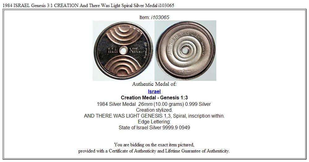 1984 ISRAEL Genesis 3:1 CREATION And There Was Light Spiral Silver Medal i103065