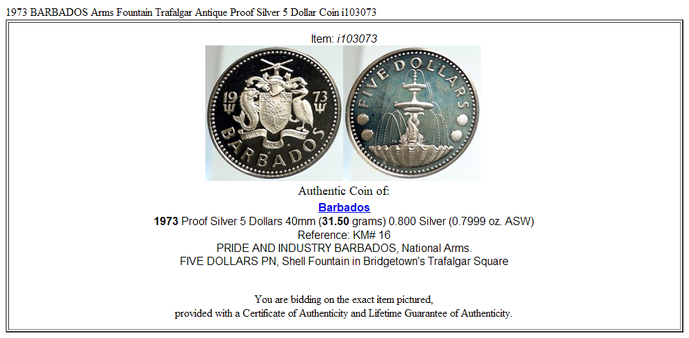 1973 BARBADOS Arms Fountain Trafalgar Antique Proof Silver 5 Dollar Coin i103073