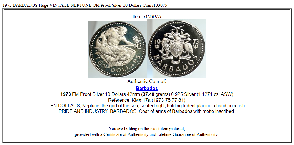 1973 BARBADOS Huge VINTAGE NEPTUNE Old Proof Silver 10 Dollars Coin i103075